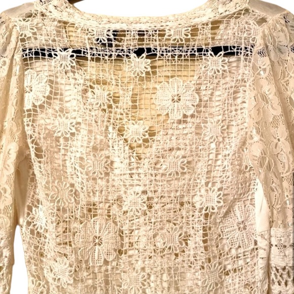 Floral Crocheted Creamy White Mini Dress Bell Sleeves. Coastal Gramma - Picture 5 of 11